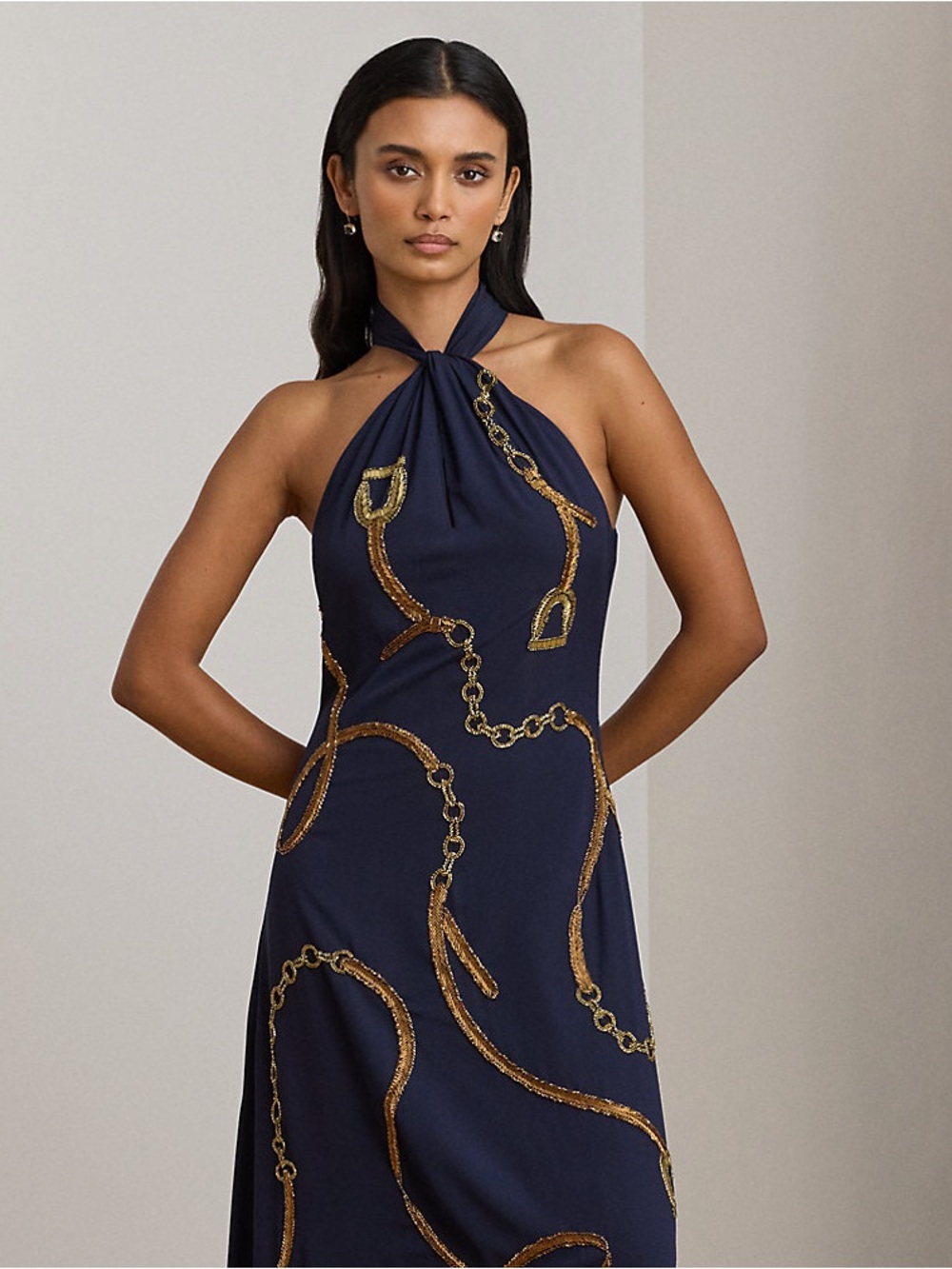 Ralph Lauren Belting Motif Sequined Crepe Halter Gown - Picture 2 of 8